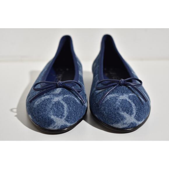 Chanel 23B Printed Denim Blue White CC Logo Bow Tie Ballet Ballerina Flat 38 - Picture 6 of 12